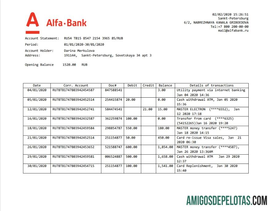 Modelo realista de comprovante de endereço do Alfa Bank da Rússia em formato Word e PDF
